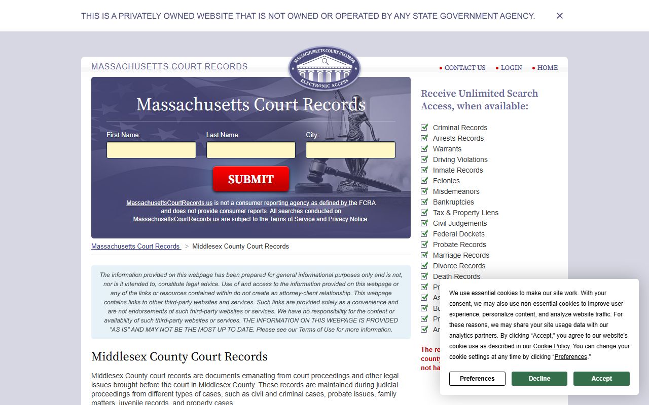 Middlesex County court records for Framingham divorce decree lookup