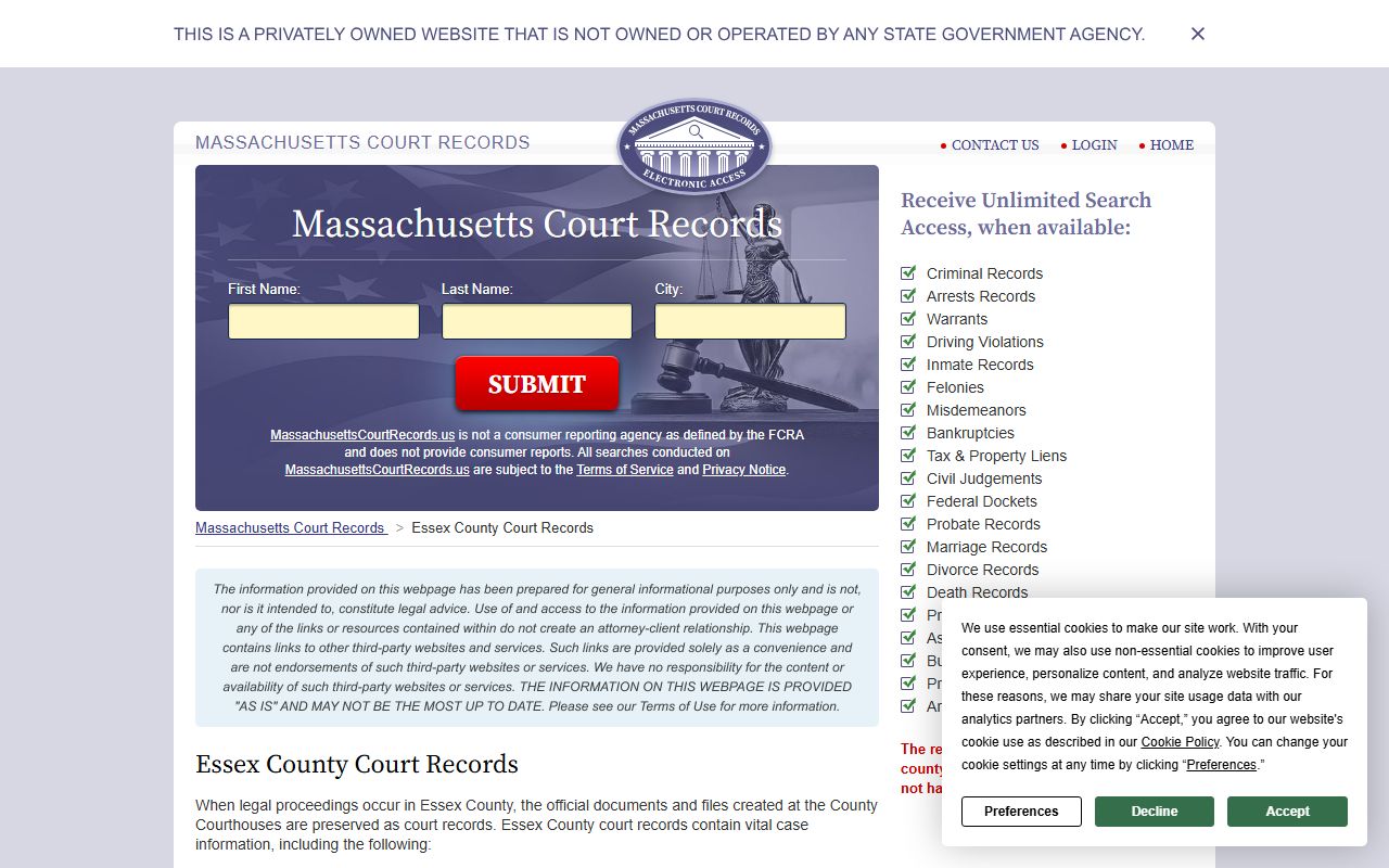 Essex County court records for Peabody divorce decree lookup