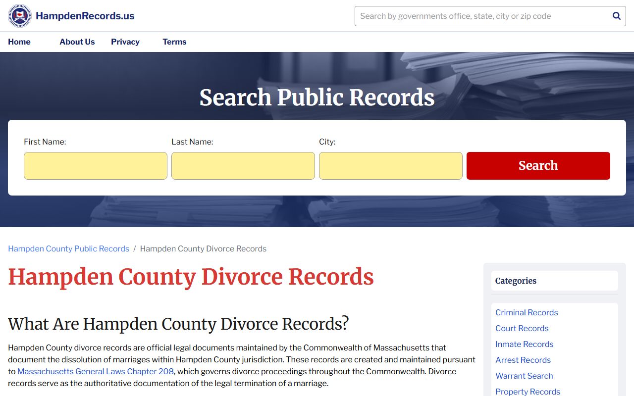 Springfield Massachusetts Hampden County divorce records page