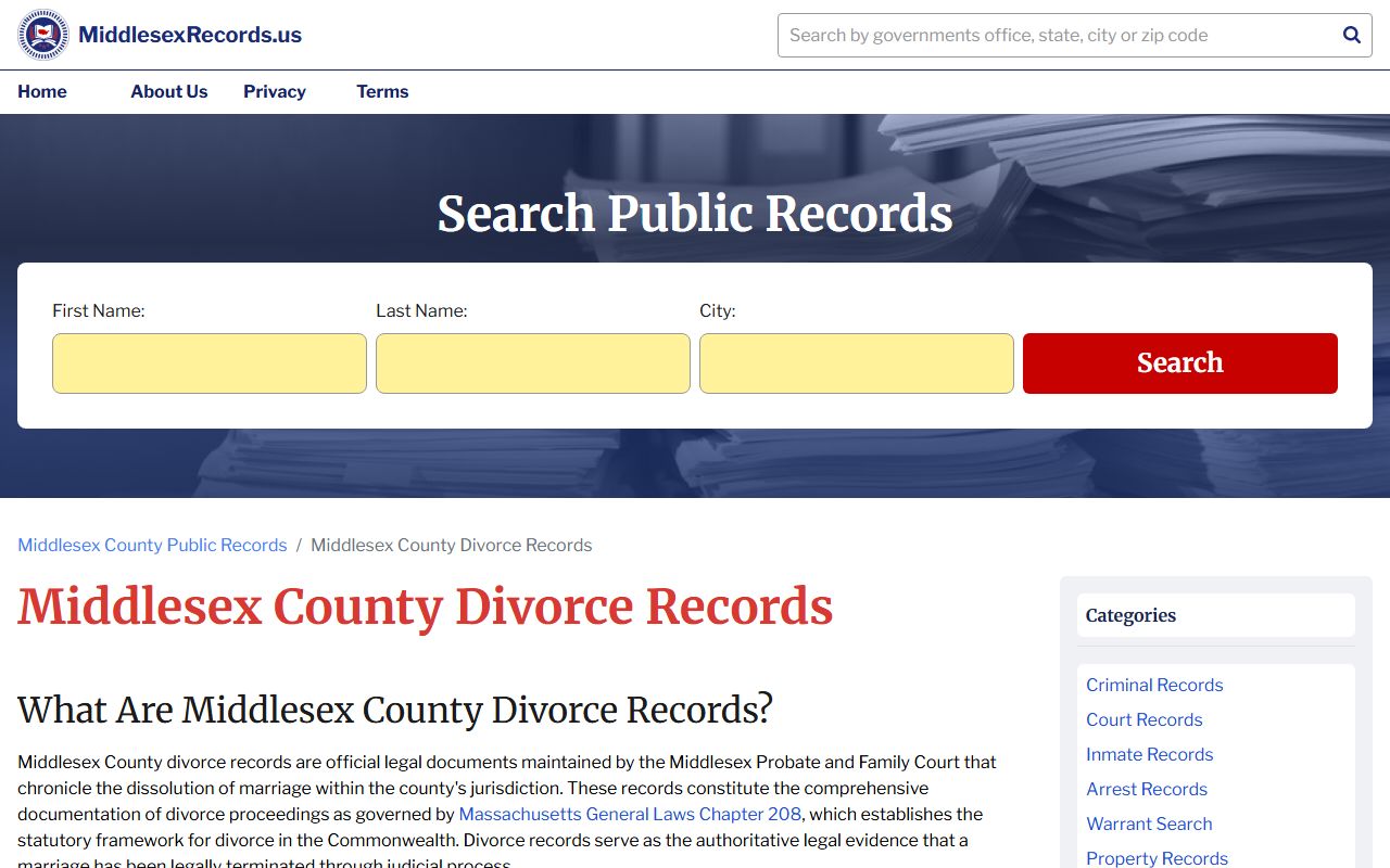 Middlesex County divorce records page for Waltham Massachusetts