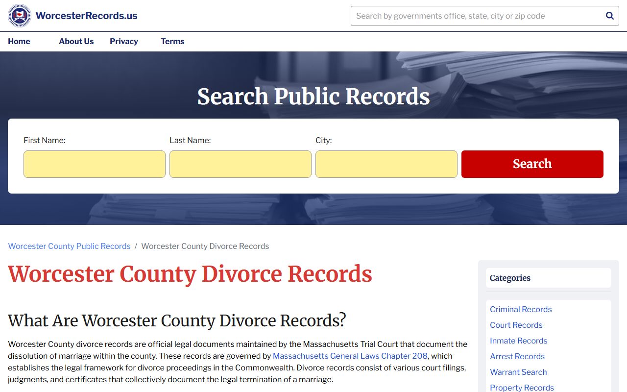 Worcester Massachusetts divorce records search page