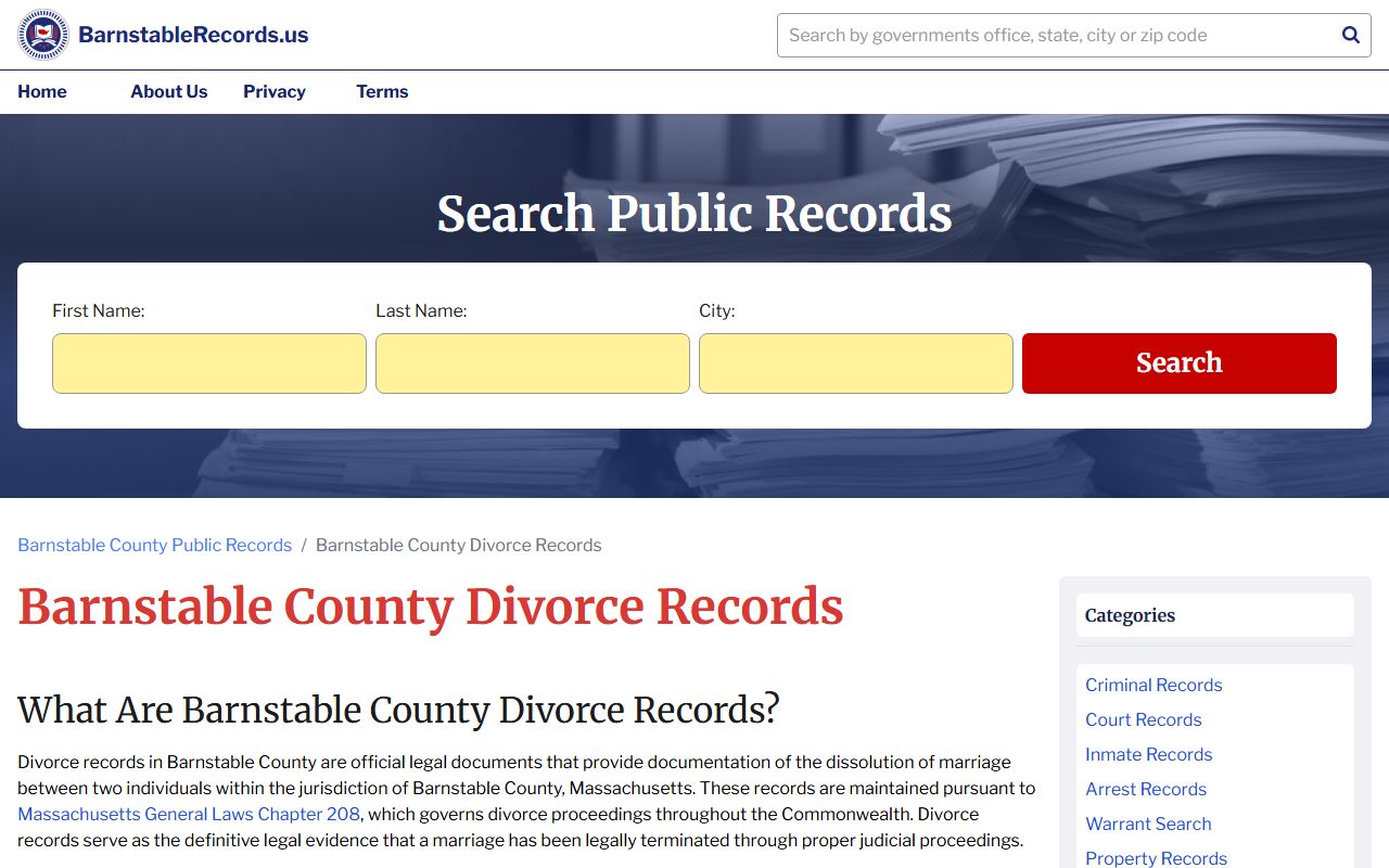 Barnstable County divorce records search page