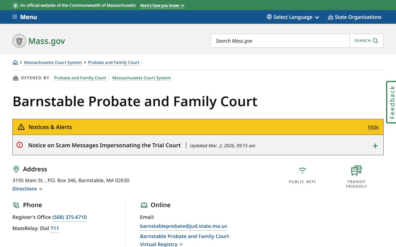 Barnstable County Probate and Family Court page for divorce decree records
