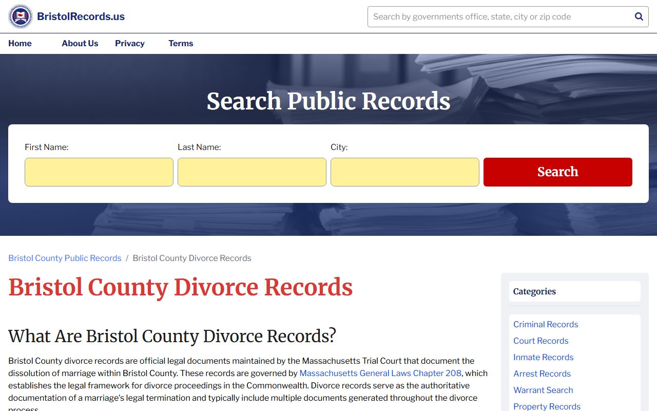Bristol County divorce records search page