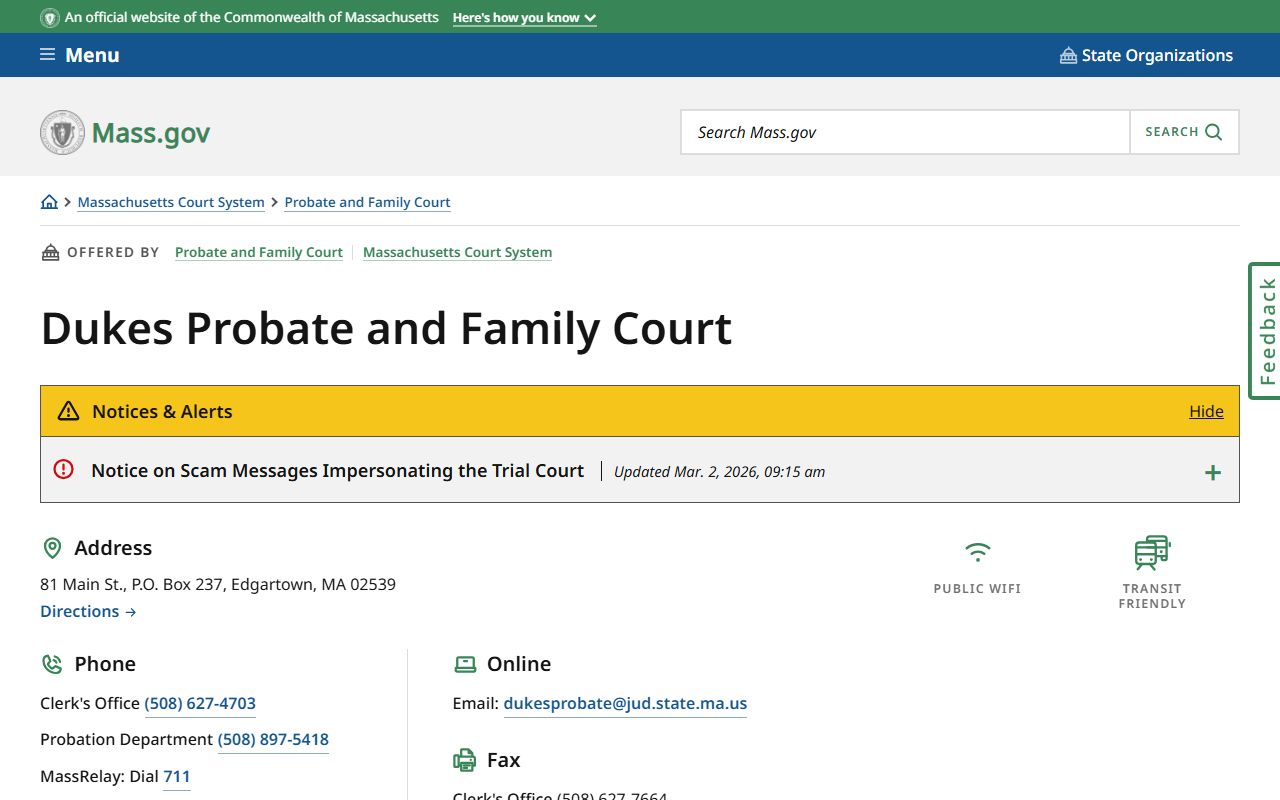 Dukes County Probate and Family Court page for divorce decree records