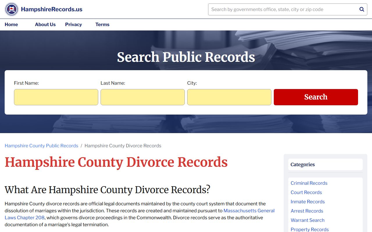 Hampshire County divorce records search page