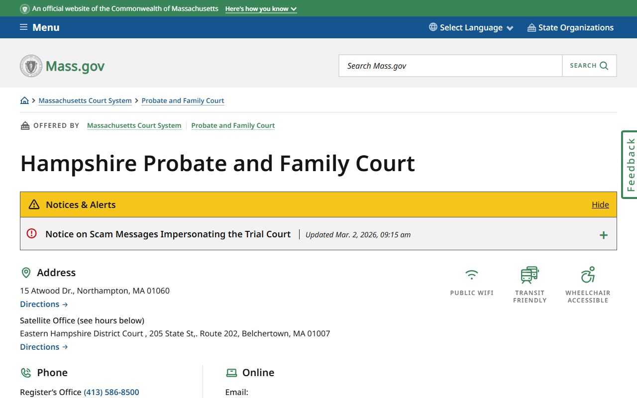 Hampshire County Probate and Family Court page for divorce decree records