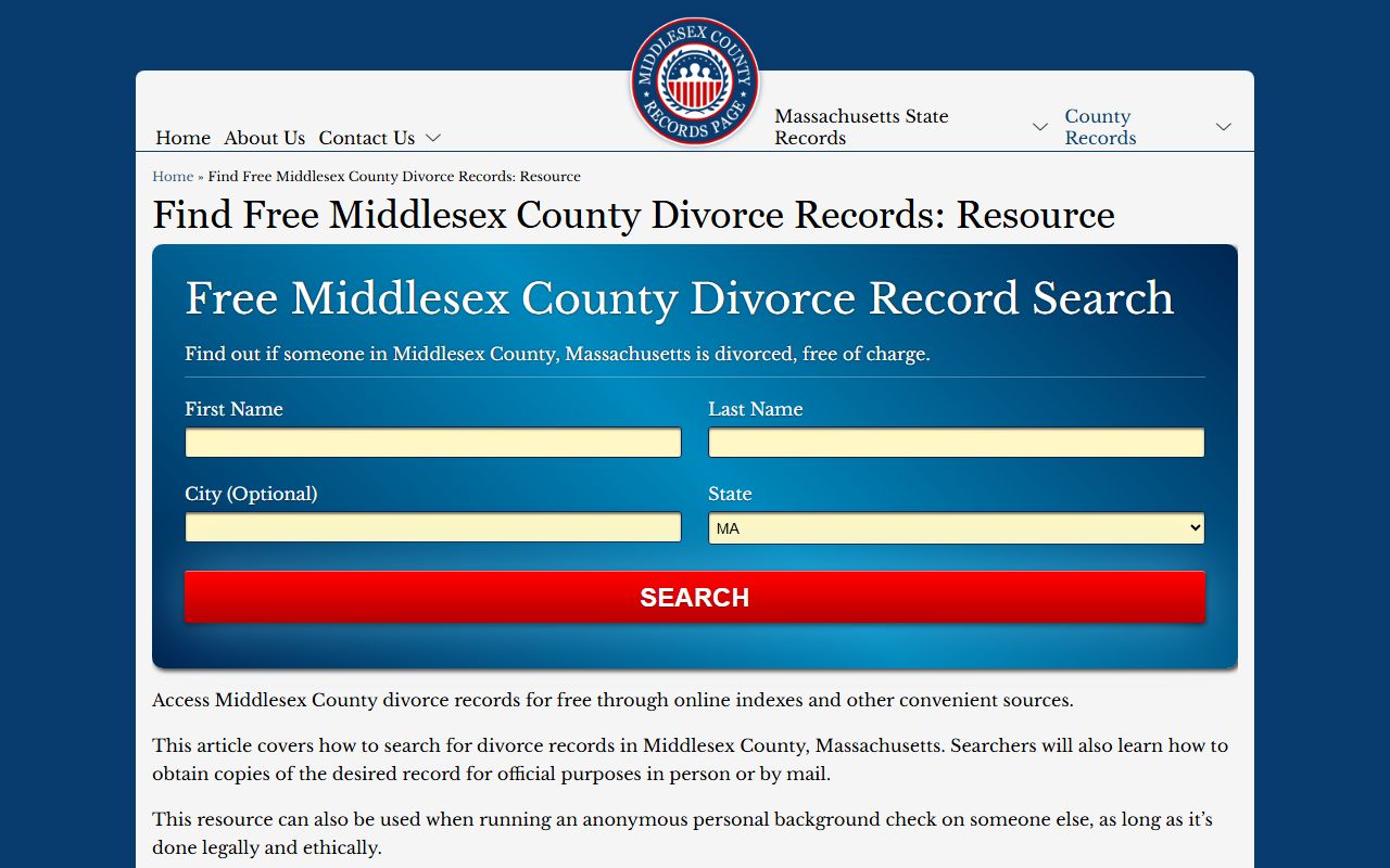 Middlesex County divorce decree records search portal