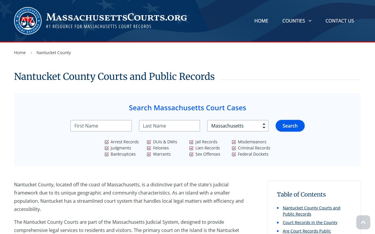 Nantucket County courts page for divorce decree records