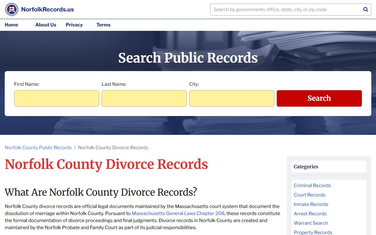 Norfolk County divorce records search page