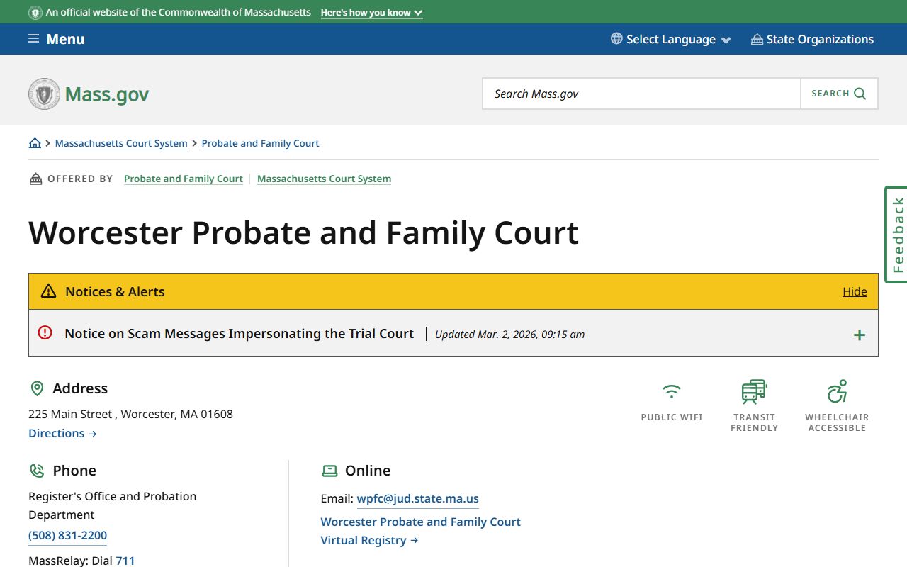 Worcester County Probate and Family Court page for divorce decree records