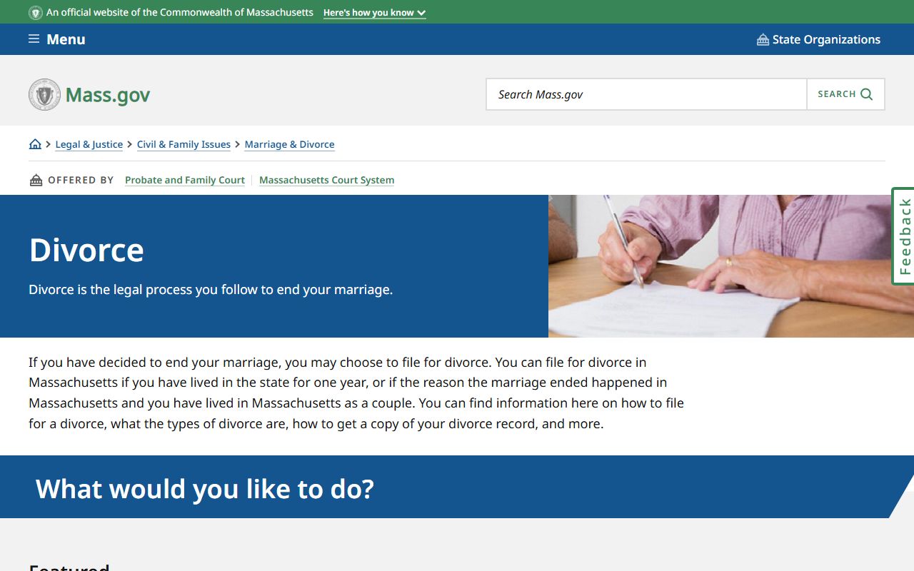 Massachusetts divorce main page for divorce decree information