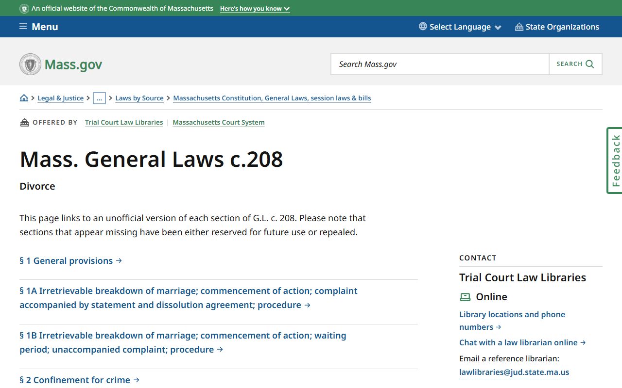 Massachusetts divorce statute listing for divorce decree records